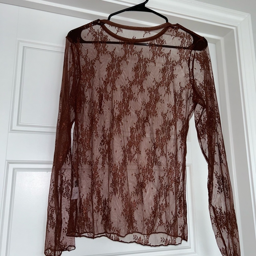 Elegant Brown Lace Long Sleeve Top